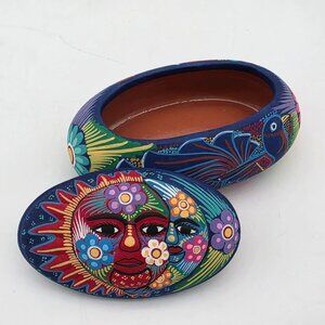 Hand-Painted Mexican Pottery Sun & Moon Trinket Box With Lid 5"